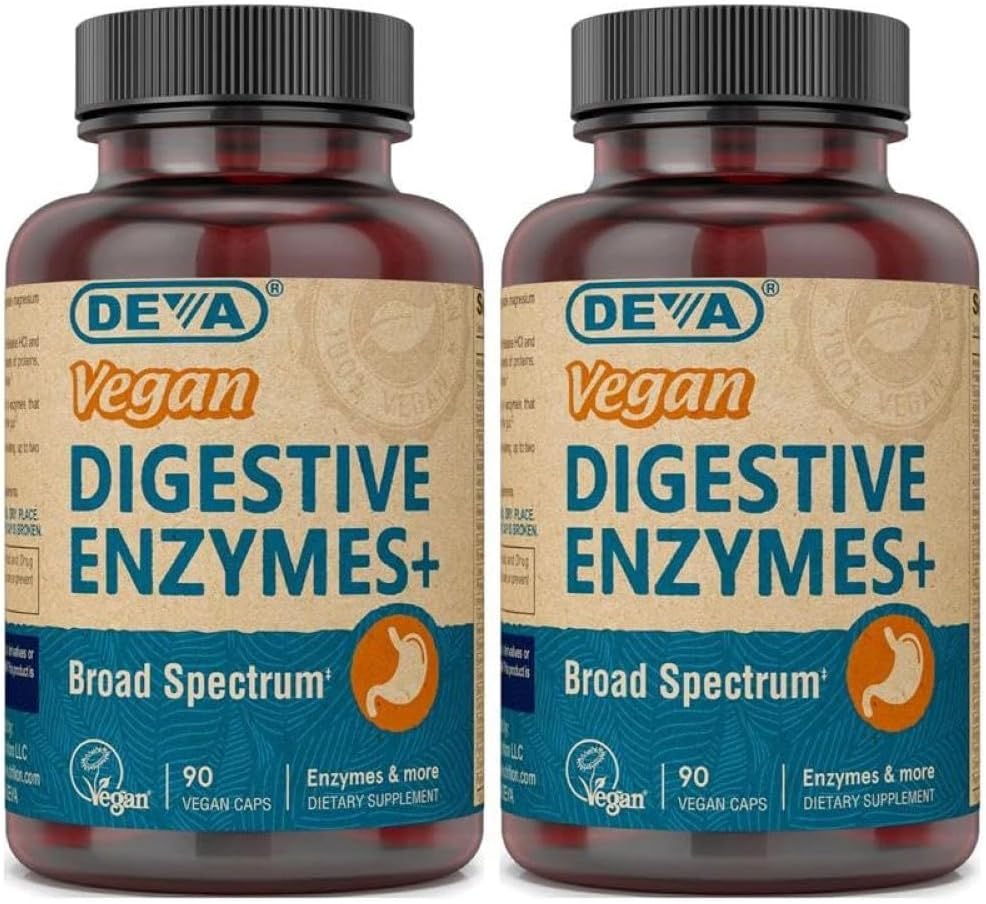Deva Vegan Vitamins Digestive Enzymes Plus Supplement - En unik blandning av enzymer och örter - 90 kapslar (Pack of 2) paket kan variera