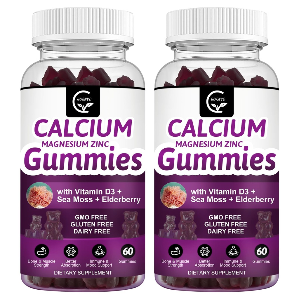 Kalcium Magnesium Zink Gummies med High Absorption Magnesium Glycinate Potassium - Plant Complex Calcium Magnesium 2:1 Ratio, med D3 Sea Moss för ben, muskler, Immune & Sleep Support, Vegan-2 Pack