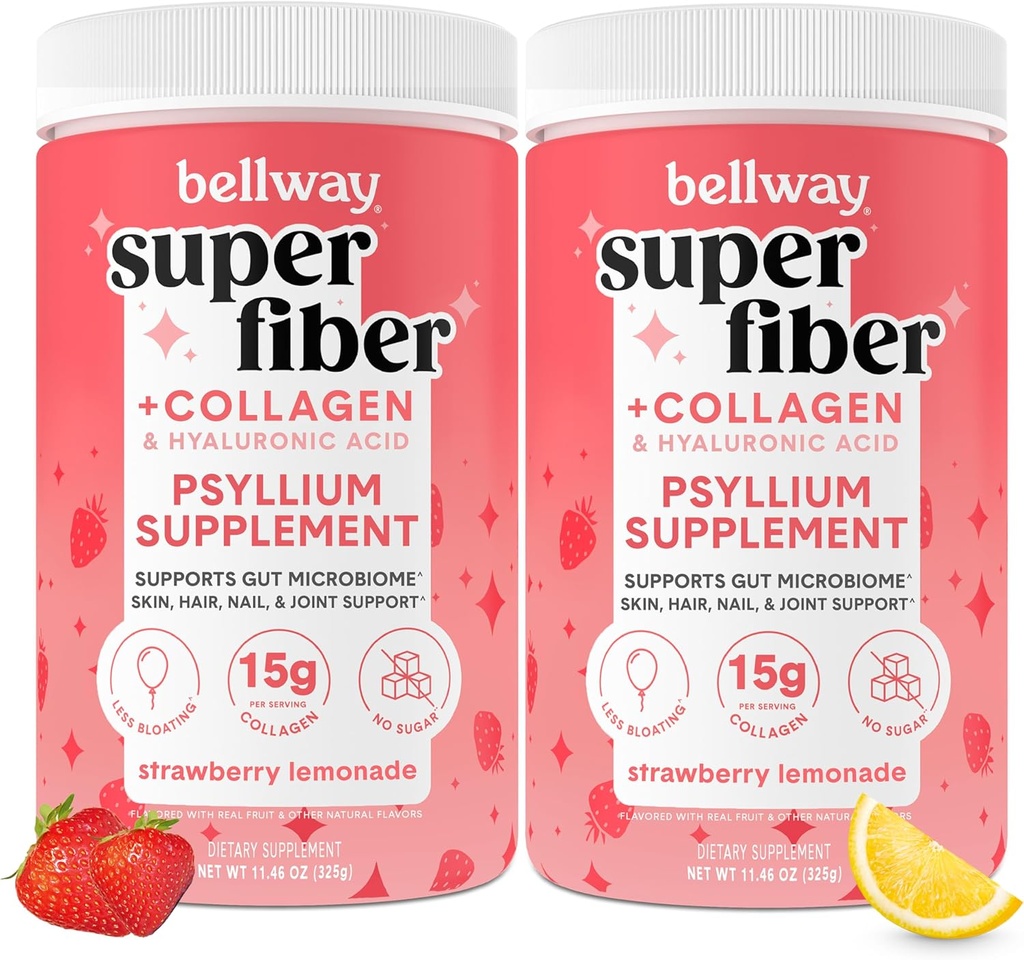 Bellway Super Fiber Powder + Collagen (2 Pack), Sugar-Free Psyllium Husk Powder with Collagen Peptides for Gut Health, Healthy Skin, Nails, Bones & Joints, Strawberry Lemonade (22.92 oz)