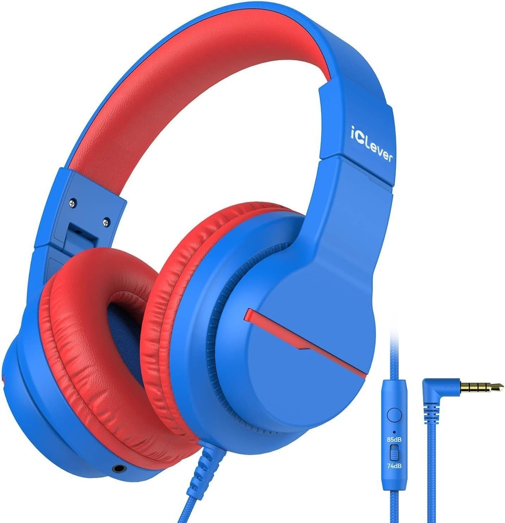 iClever Kids Headphones for School Travel, Safe Volume Limited, HD Mic Stereo Sound Over-Ear Girls Boys Headphones for Kid, FunShare Foldable 3.5mm Wired för iPad Computer, HS19