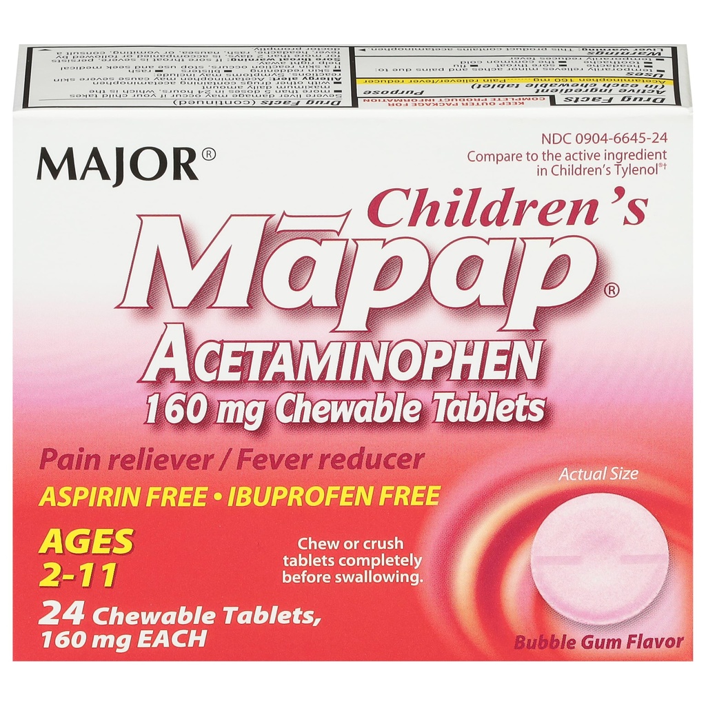 MAJOR Children’s Mapap Acetaminophen 160 mg Chewable Tablets - Pain Reliever/Fever Reducer - Aspirin Free - Ibuprofen Free - for Ages 2 to 11-24 Count (1 Pack)