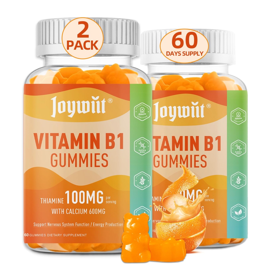 Vitamin B1 Gummies 100mg för vuxna och barn, Thiamine B1 Supplement med 600mg Calcium, Nervous System Supports & Boost Energy, Orange smak, Non GMO, Vegan, 120 Chewable Gummies