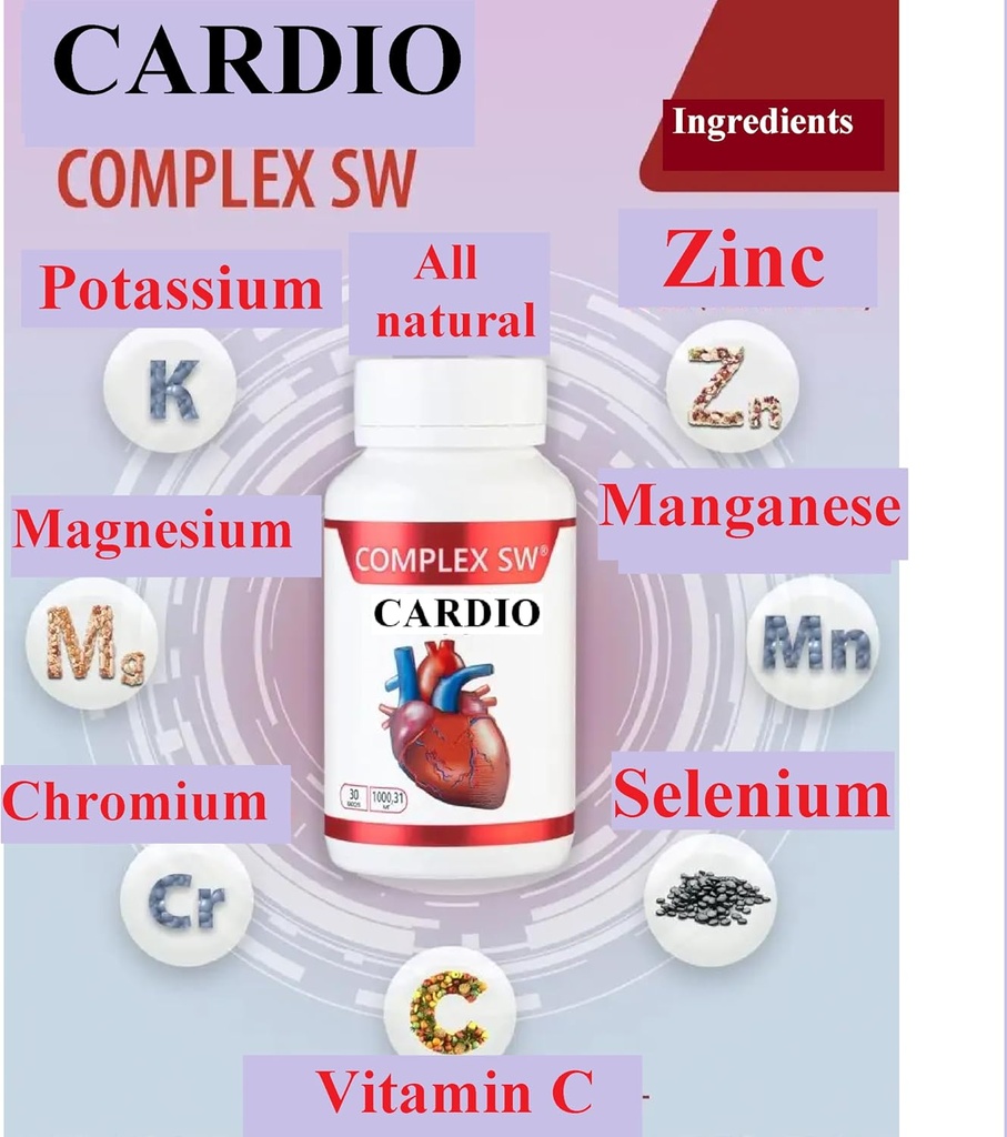 Cardio Heart Health Supplements, Healthy Blood Circulation & Blood Pressure Support med kalium, magnesium, krom, ZINC, mangan, krom, Selen, 30CAPSULES 1000.31 Mg Varje