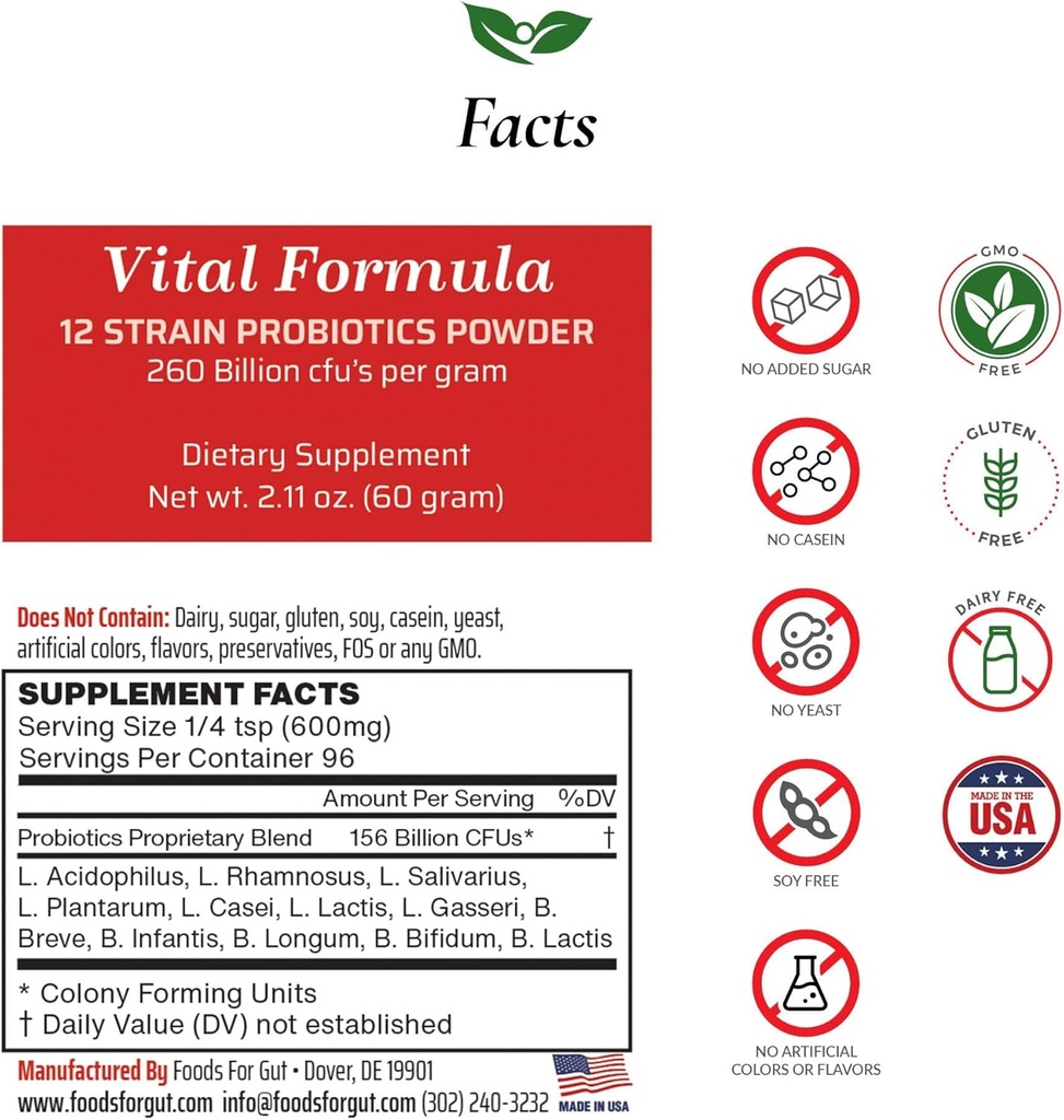 Livsmedel för Gut Vital Formel 12 Strain Probiotics Powder 260 miljarder CFU | Made in USA | Direkt från tillverkaren | Ingen tredjepartsförvaring | Immun Support | 60 Grams (2.11 Oz)