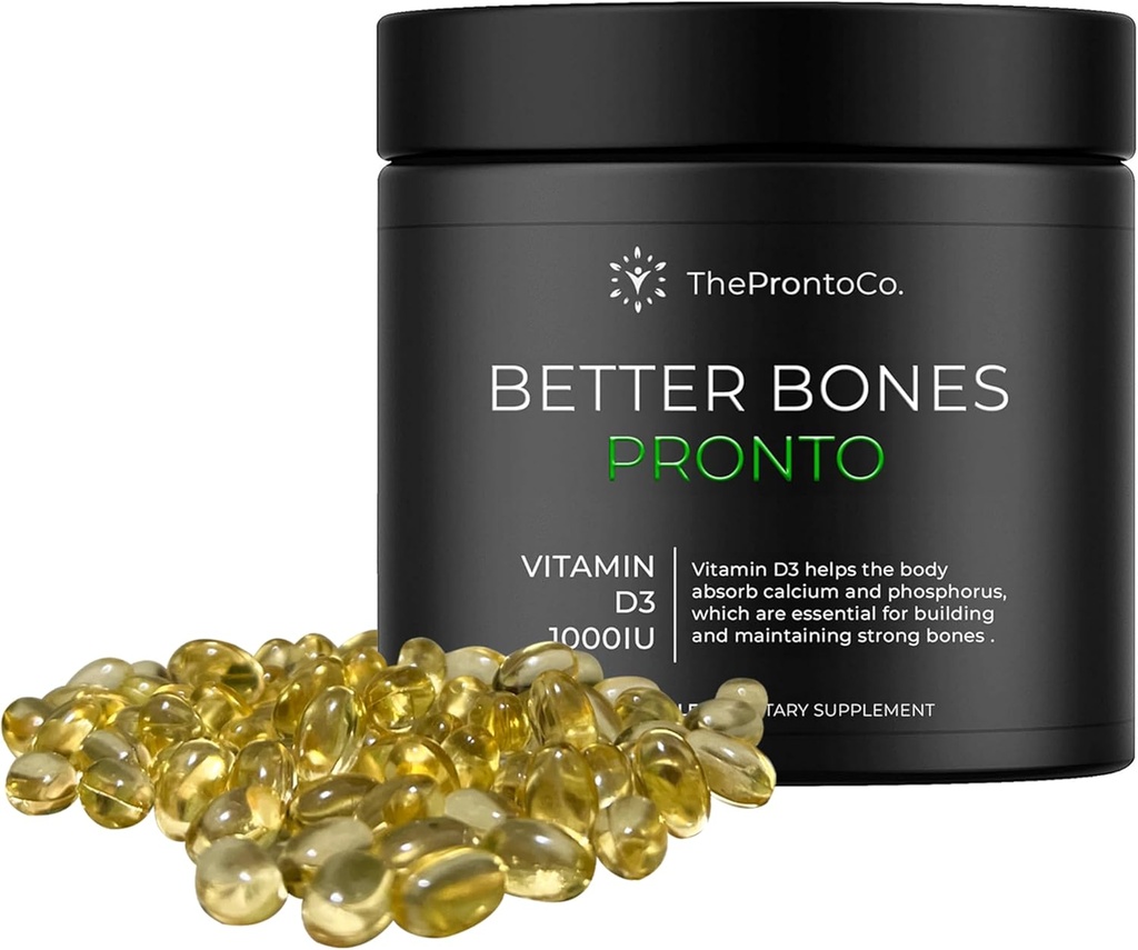 Pronto Vitamin D3 Supplement - 1000 IE, Daily Use Supplement för benhälsa och immunstöd, lätt att svälja viktiga D3-kapslar, 120 greve