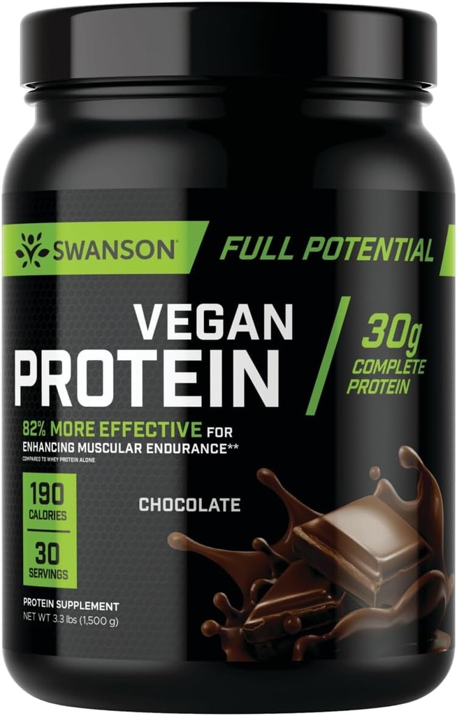 Swanson Full Potential Vegan Protein - Choklad smak, Hel Vegan Proteinpulver för muskelbyggnad och återhämtning - 30 g