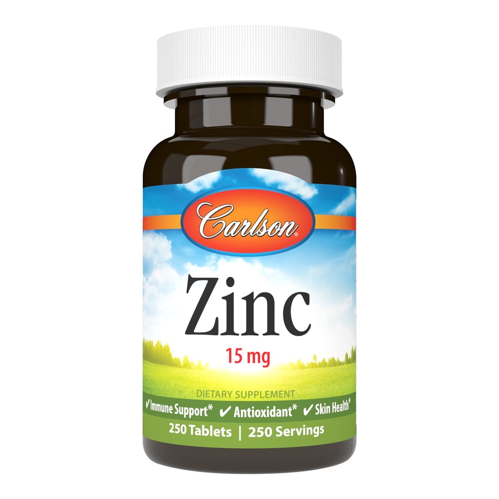 Carlson - Zink, 15 mg, Zink Supplement, Zink Gluconate, Immune Support & Skin Health, Zink Tablets, Antioxidant, Zink Capsules, 250 tabletter