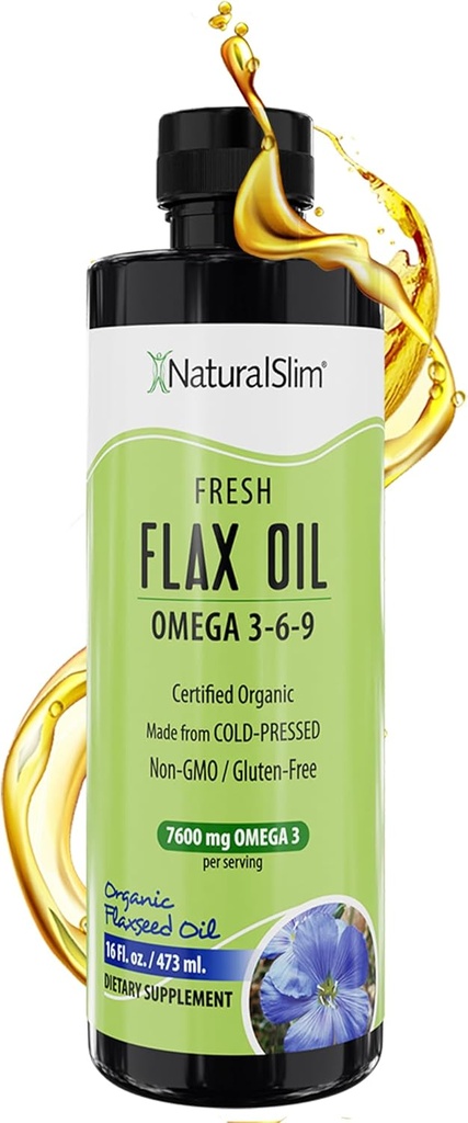 NaturalSlim Flaxseed Oil Liquid Fresh Taste Flax Oil Organic Cold Pressed & High i Omega 3 6 9 Fatty Acid Flax Seed Supplement för friska celler, hår, hud och naglar - Fresh Taste 16 fl. Oz.