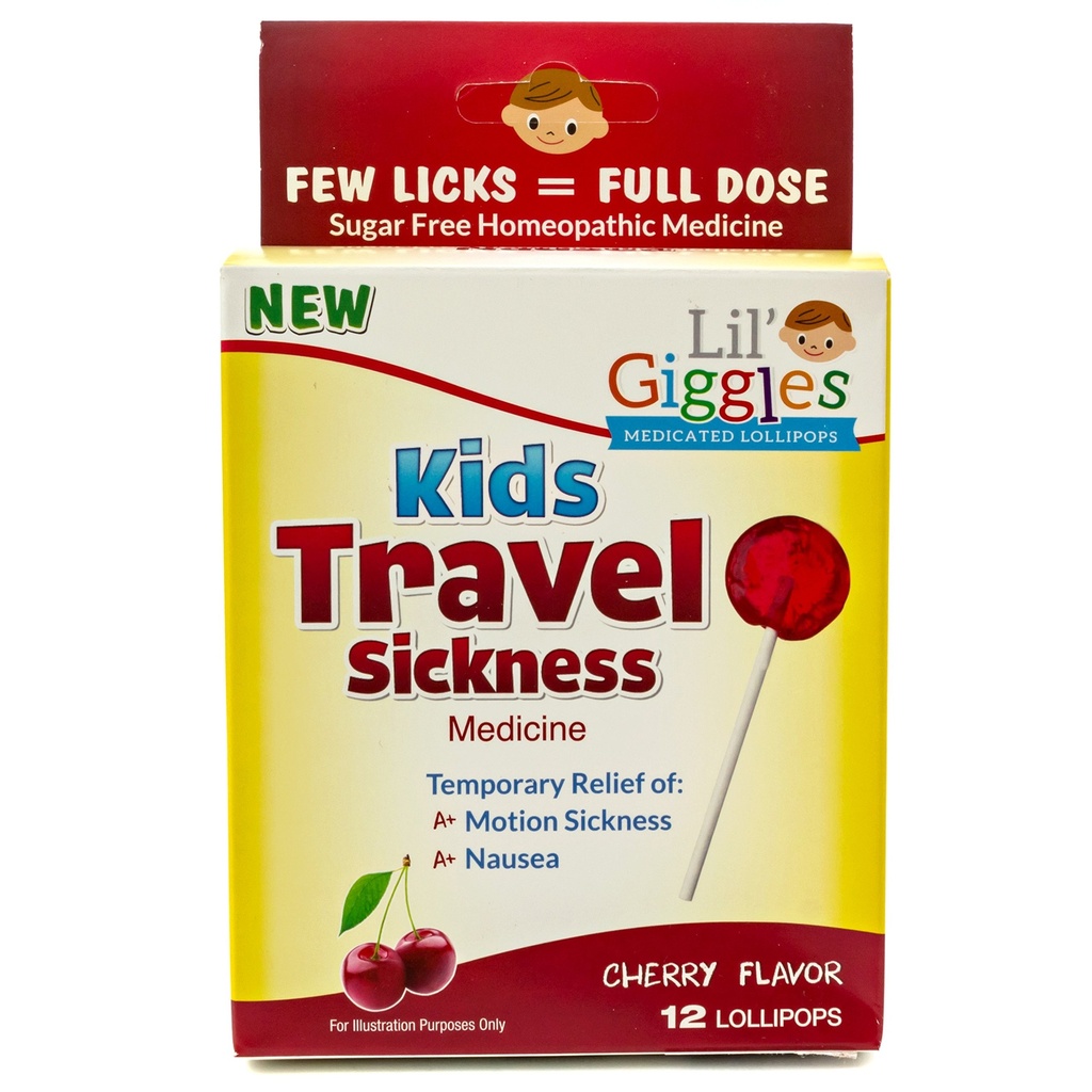 Lil' Giggles Kids Medicated Lollipops - Sweet Gentle Relief for Kids & Non-drowsy - för Car Sickness, Travel Nausea & Motion Sickness Relief - Homeopathic Remedy Children's Love - Cherry Flavor 12 CT