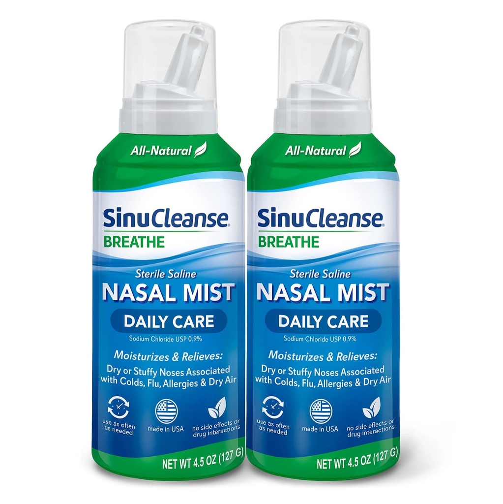 SinuCleanse Daily Care Sterile Saline Nasal Spray, Ultra Fine Mist, Moisturizes & Relieves Everyday Nasal Congestion På grund av Colds & Dry Air, 4.5 Oz (2 Pack), Made in USA