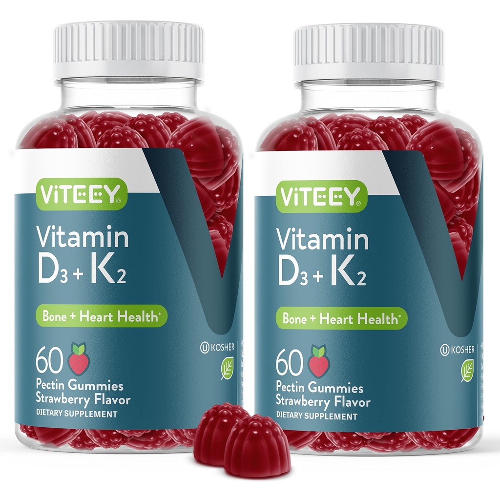 VITEEY Vitamin D3 K2 Gummies - 1000 IE Vitamin D3 och K2 100mcg - Bone & Heart Health for Adults and Teens - Vegetarian, Gelatin Free, GMO Free - Tasty Chewable D3K2 Vitamins Strawberry Flavored Gummy