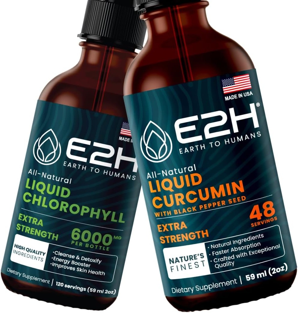 E2H: Flytande klorofyll och flytande gurkmeja Curcumin | Vegan, icke-GMO - 2 Fl Oz Varje (4 Fl Oz Total) - Bundle