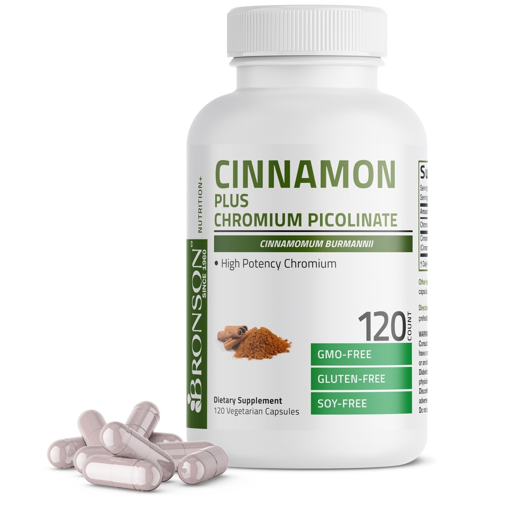 Bronson Cinnamon Plus Chromium Picolinate Supplement, High Potency Chromium, Non-GMO, 120 Vegetariska kapslar