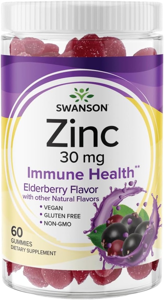Swanson Zinc Gummies - Allt naturligt vitamintillskott som främjar antioxidantaktivitet och kroppsligt försvar - hjälper till att stödja ditt immunsystem och en hälsosam kropp - (Elderberry, 60 Gummies)