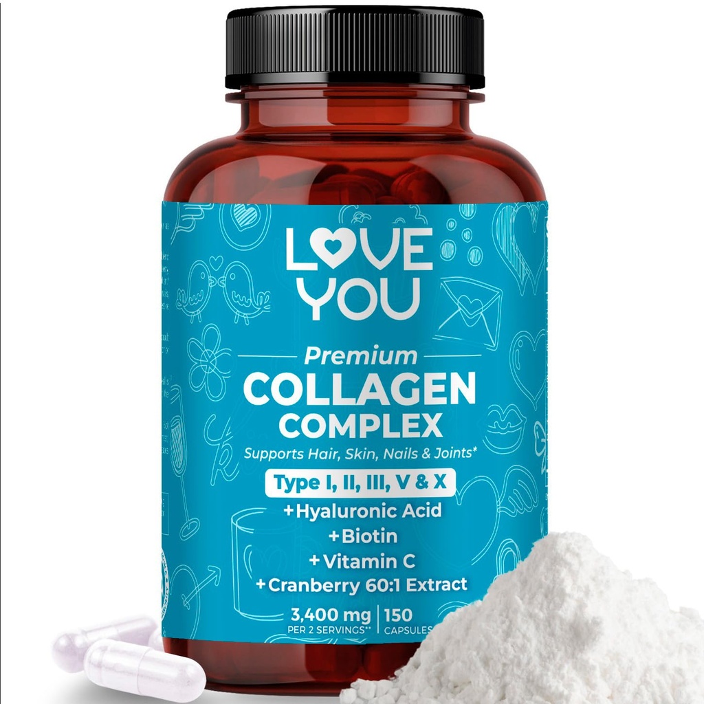 Love You Premium Collagen Complex – Typ I, II, III, V & X – Hair, Skin, Nails, Joints & Gut Support – Hydrolyzed Bovine Collagen Peptides – Grass-Fed, Non-GMO, 120 Capsules, USA Made