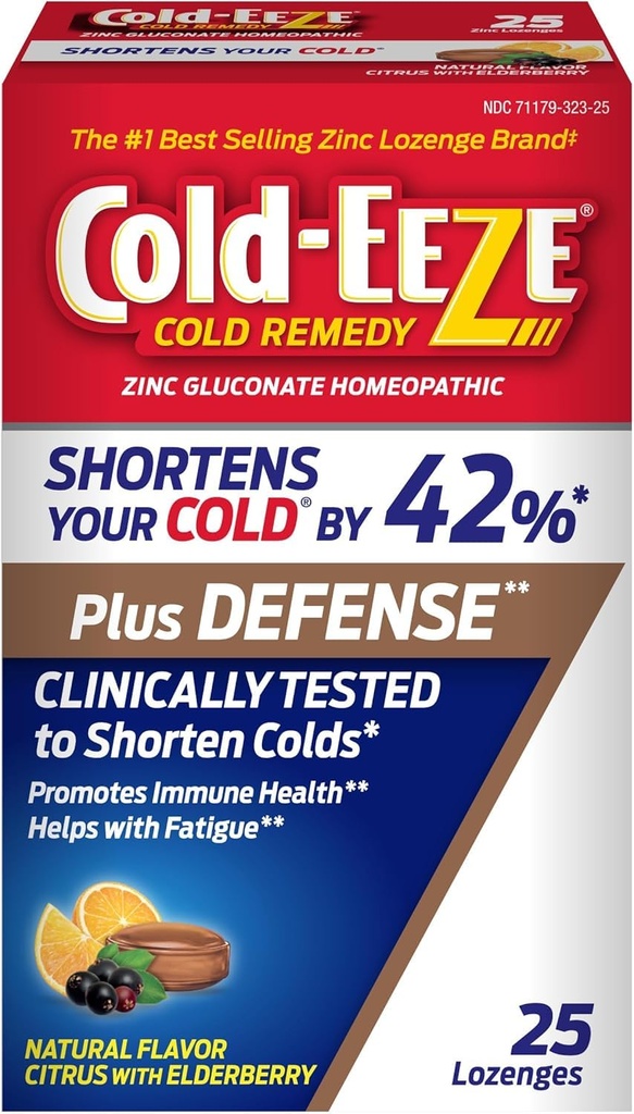 Cold-Eeze Plus Defense Natural Citrus med Elderberry Zinc Lozenges, Homeopathic Cold Remedy, Shortens Common Cold Symptoms, främjar immunhälsa med Sambucus Nigra, Echinacea och Rose HIPS, 25 Ct