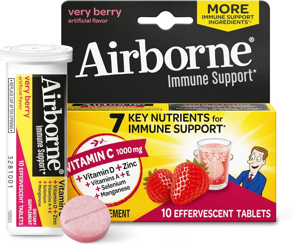 Vitamin C 1000mg (per portion) - Airborne Very Berry Effervescent Tablets (10 greve i en låda), Gluten-Free Immune Support Supplement, med vitamin A C E, ZINC, Selenium, Echinacea & Ginger