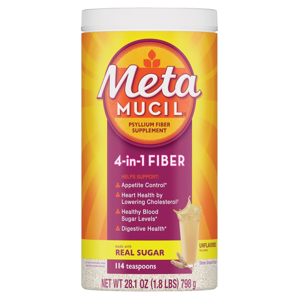 Metamucil, Psyllium Husk Powder, Unflavored Original Texture, med socker, 114 portioner, 4-i-1 Fiber Supplement, Daily Psyllium Husk Fiber Powder Hjälp Stöd Digestive Health genom att främja reglering