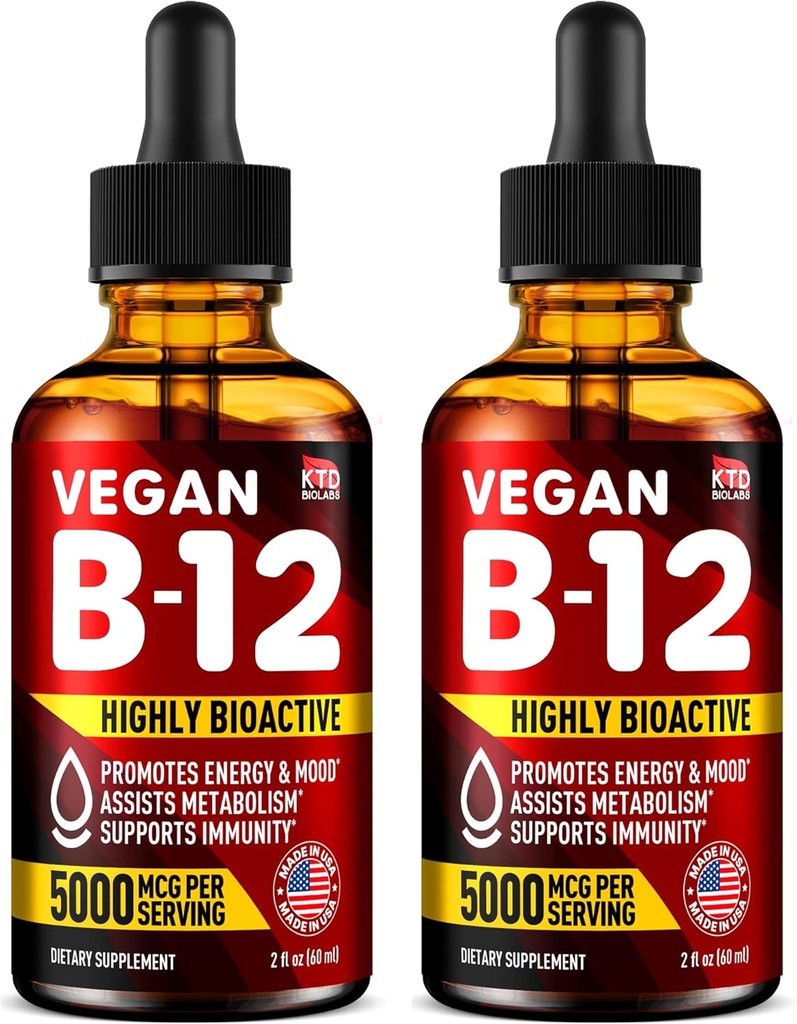 Förpackning med 2 - B12 Sublingual 5000 mcg Drops - Tillverkad i USA - Vegan B12 Vitaminer för energi, humör och minne - Mycket biotillgängliga sublingual droppar - Methylcobalamin för kvinnor och män - 2 m. oz.
