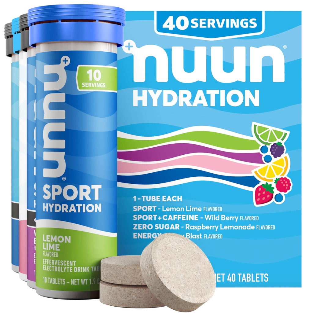 Nuun Hydration Electrolyte tabletter - Natrium, Kalcium, Kalcium, Magnesium, 1g & 0g Sugar Drink Mix | Vegan, Gluten Free, Non-GMO | Komplett Pack, Blandade smaker, 4 Pack (40 Totalt portioner)
