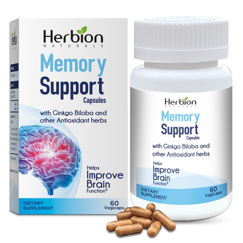 HERBION Naturals Memory Support Capsules, hjälper till att förbättra hjärnans funktion och frånvarande sinne, behåller hälsosamma humörnivåer med Ginkgo Biloba, för vuxna, 60 greve, paket med 1