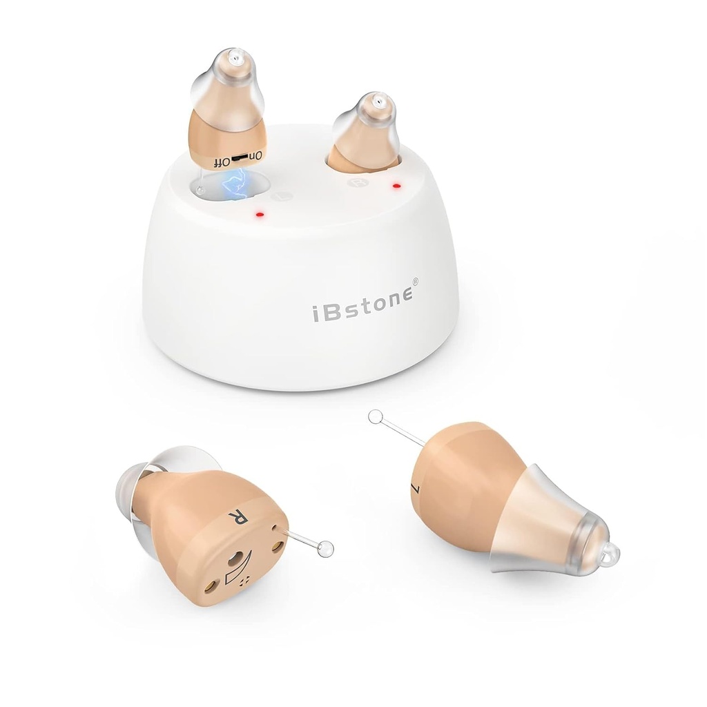 iBstone K19 Hörapparater, laddningsbara hörapparater för att hjälpa hörselnedsättning för seniorer vuxna, Mini helt och hållet-i-Canal Digital Hearing Devices med bulleravbokning, OTC, Pair