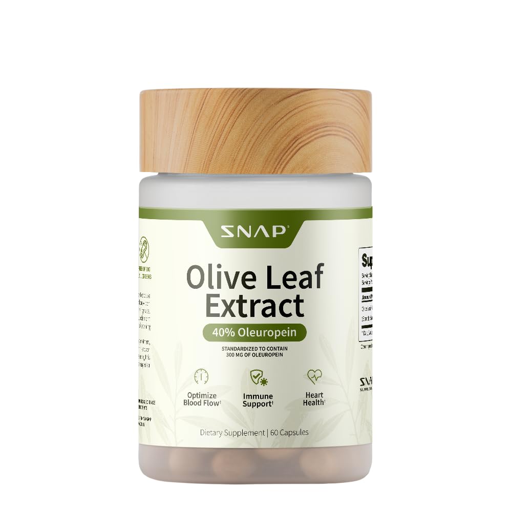 Snap Supplements Olive Leaf Extract Capsules - Super Strength 40% Oleuropein för Blood Flow Support, Förbättra Digestion, Antioxidant Boost Supplement, Förbättra hjärnfunktionen (60 kapslar)