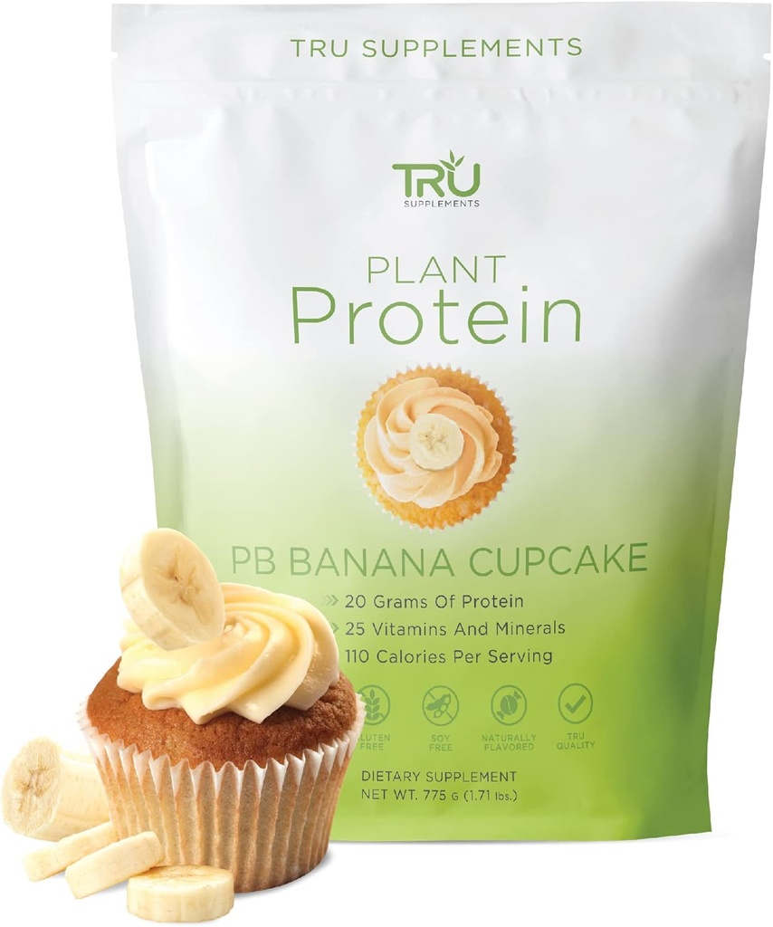 TRU Plant Based Protein Powder, BCAA, EAA, 20g Vegan Brown Rice & Pea Protein, 100 Calories, 27 Vitamins, No Artificial Flavors 25 Servings (Peanut Butter Banana Cupcake)