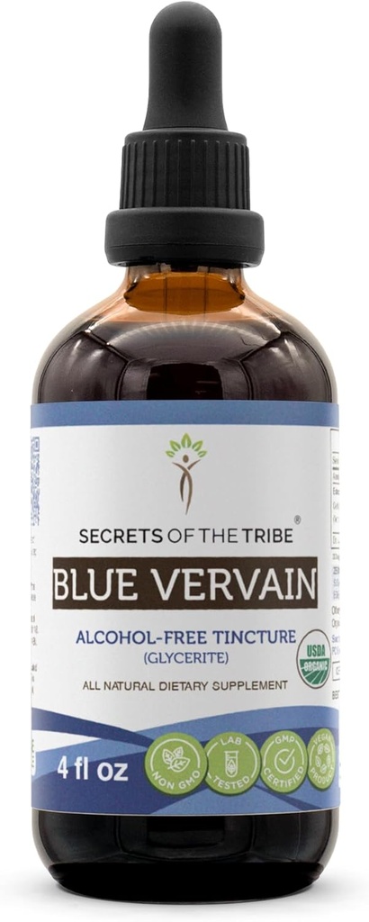 Hemligheter av stammen Blue Vervain USDA Organic | Alkoholfri extrakt, högpotens Herbal Drops | Tillverkad av 100% certifierad organisk blå Vervain (Verbena Hastata) Torkade Herb (4 oz)