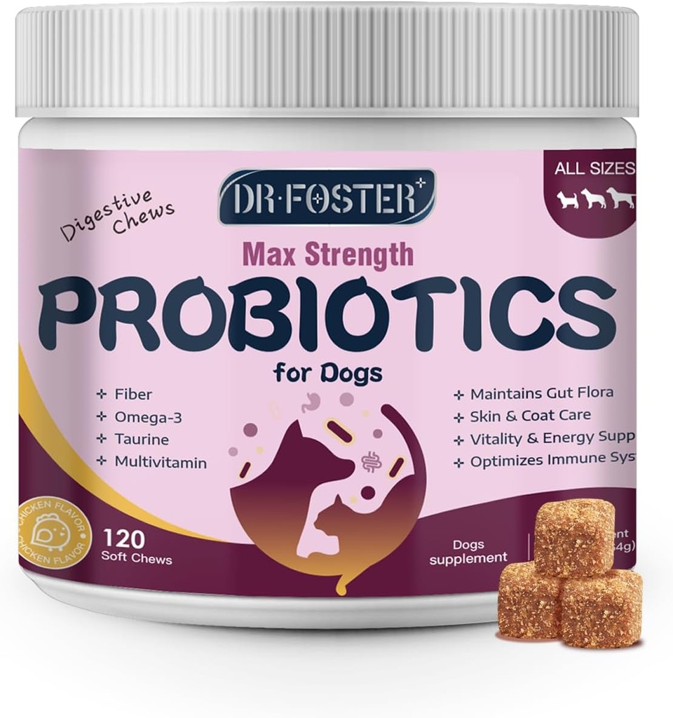 Probiotika för hundar - Dog Probiotics for Digestive Health, Prebiotic, Digestive Enzymes for Dogs with Pumpkin, Omega-3, Support Gut, Immune, Diarrhea, 120 Soft Chews