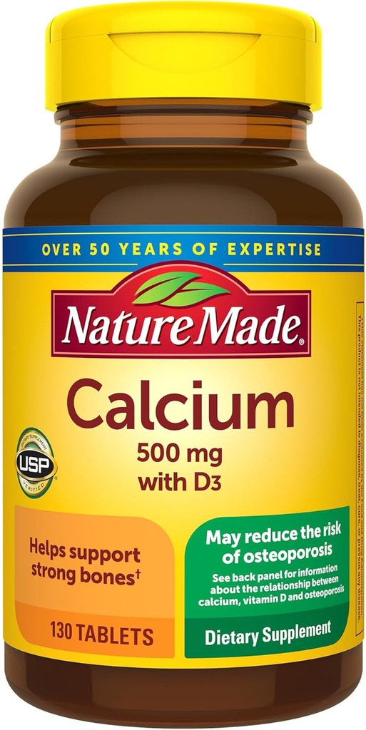 Nature Made Calcium 500 mg med vitamin D3, Kosttillskott för benstöd, 130 tabletter