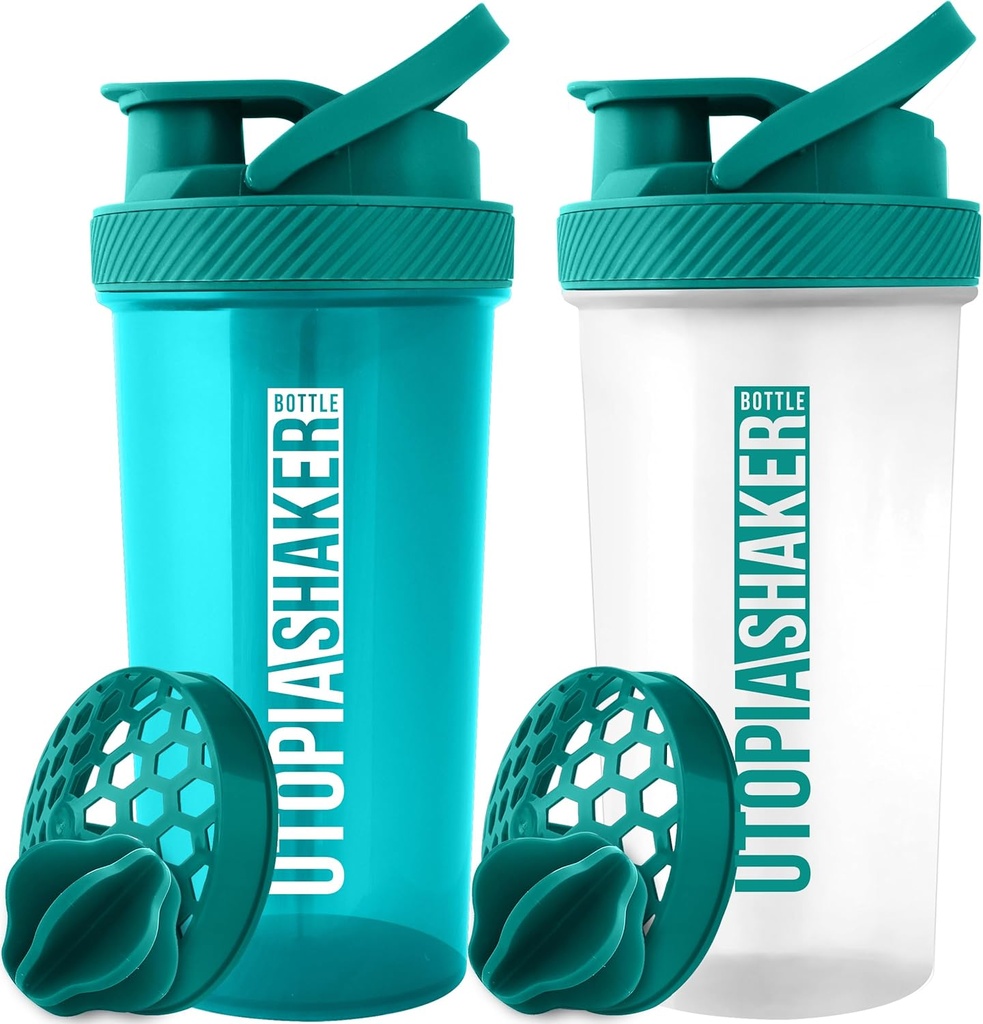 Utopia Home Protein Shaker Bottle - (Pack of 2) 28-Ounce Shaker flaskor för proteinblandningar - Fitness Sports Classic Protein Mixer Shaker Bottle (Teal & Clear/Teal)