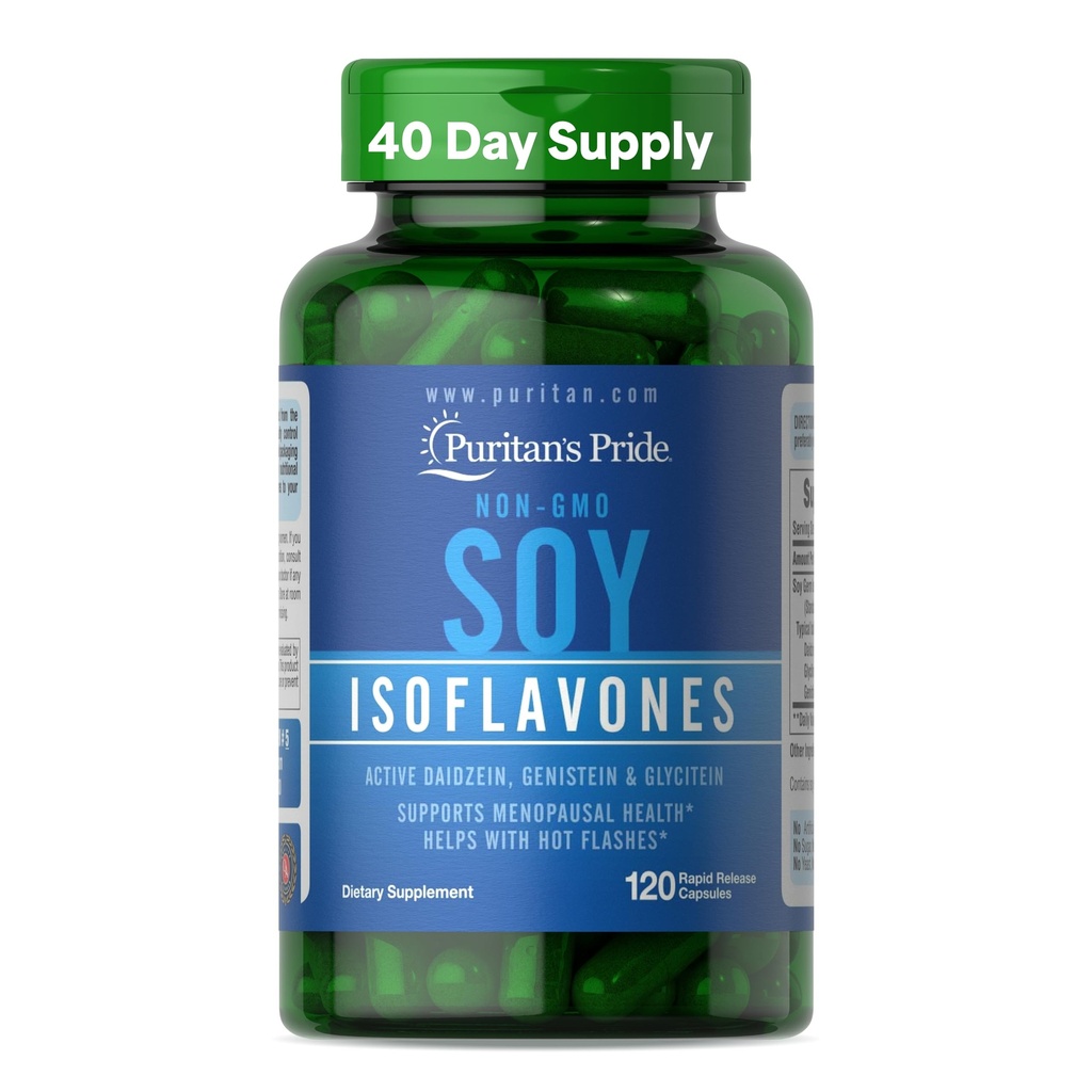 Puritans Pride Non-GMO Soy Isoflavones 750mg, Kosttillskott med Active Daidzein, Genistein och Glycitein stöder klimakteriet och varma blinkar, 120 Rapid Release Capsules