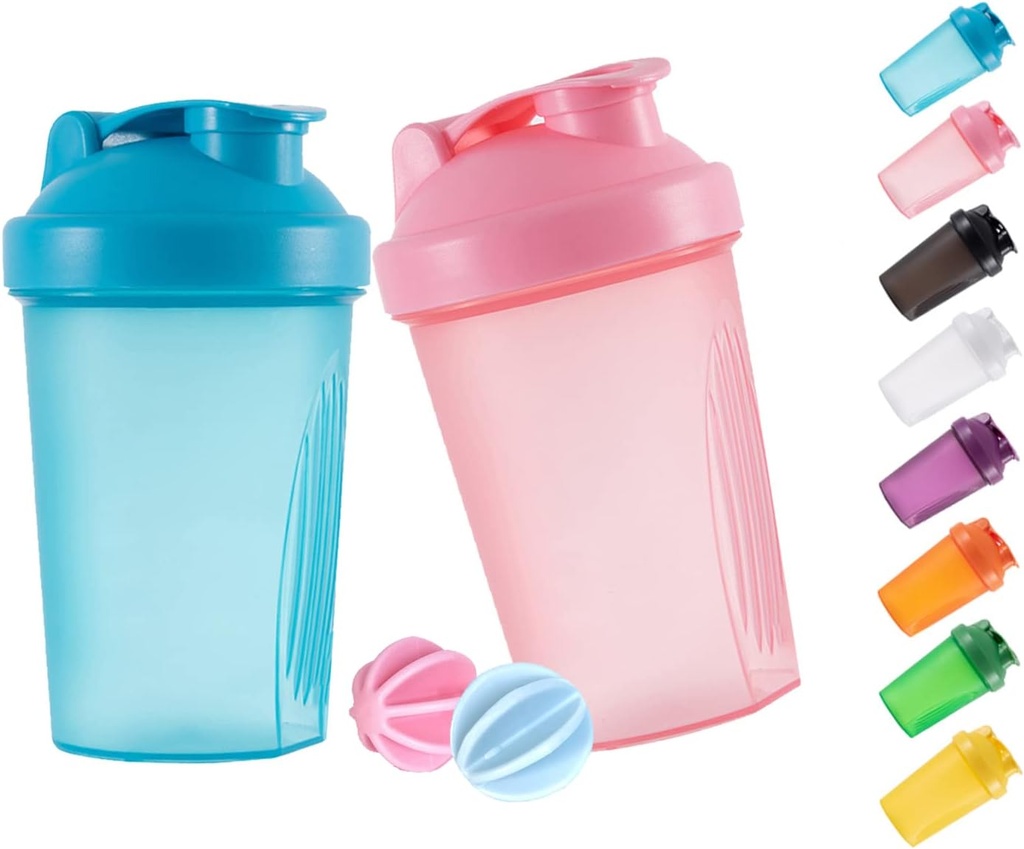 Shaker Bottle Protein Shakes och 16-Ounce/400ML Shaker-Bottle med whiskbollar, icke-BPA-plast (Blue+Pink(2PCS)))