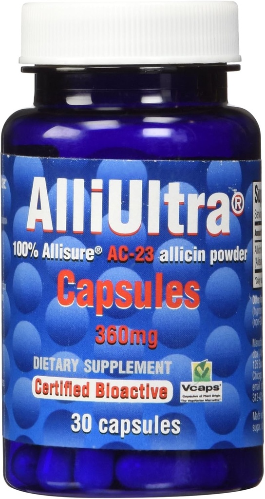 AlliUltra kapslar 360mg - 30 greve | Hög styrka stabiliserad allicin vitlökstillägg för naturligt immunstöd, växtbaserad, icke-GMO, Vegan, tillverkad i Storbritannien