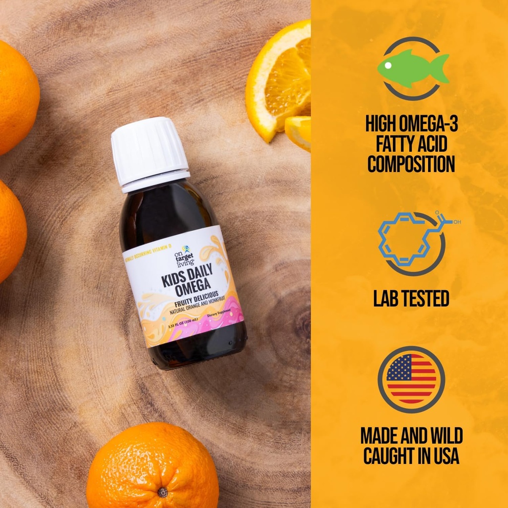 På Target Living Kids Daily Omega- Fruitylicious Flavor 3.33 oz. | Naturligtvis upptar vitaminer A & D | Monk Fruit & Orange smak | Premium Line fångad Cod Liver Oil