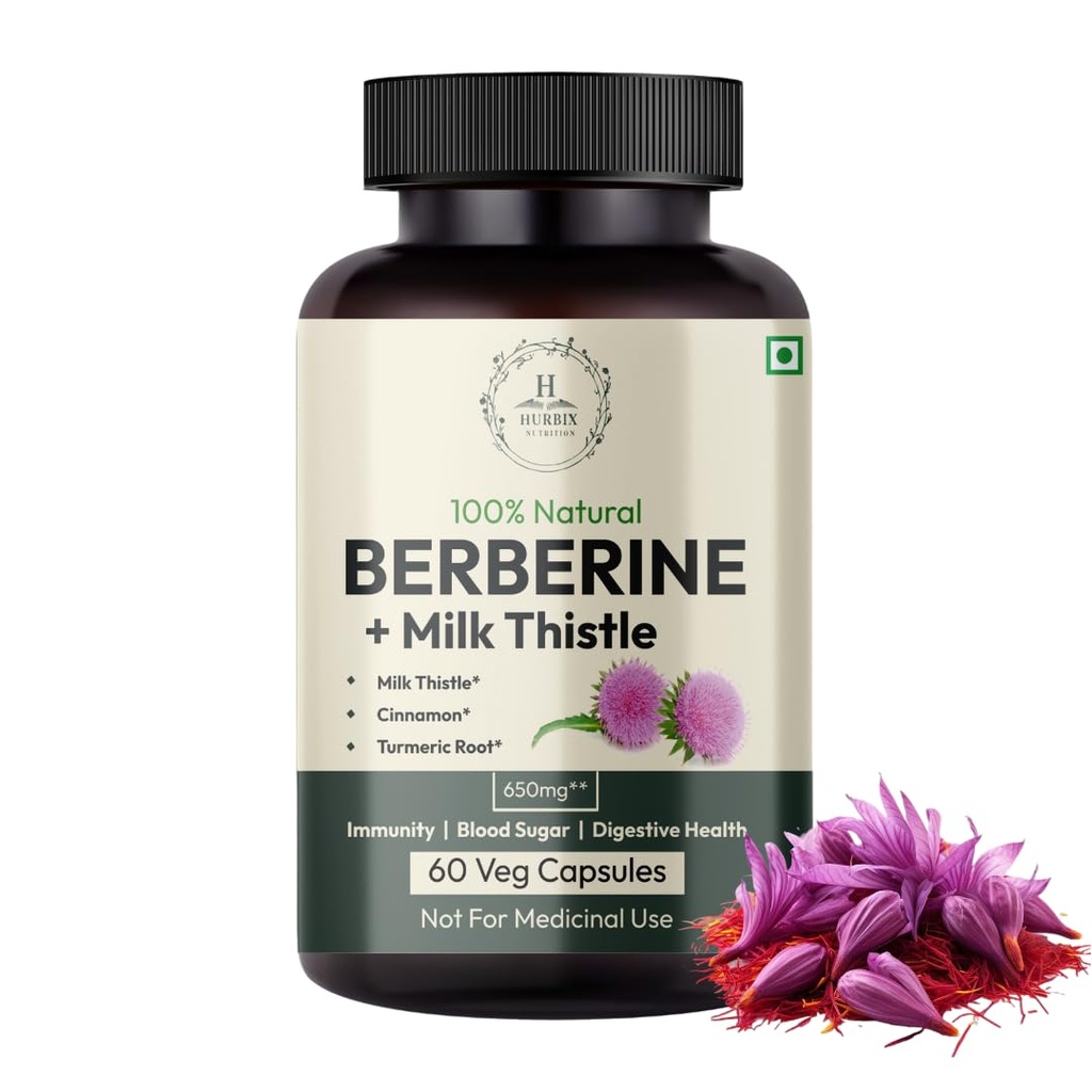 Hurbix Berberine - 1300 mg | 5 i 1 Förbättrad formel med mjölk Thistle, Turmeric & Cinnamon | Premium High-Potency Formel | 60 kapslar