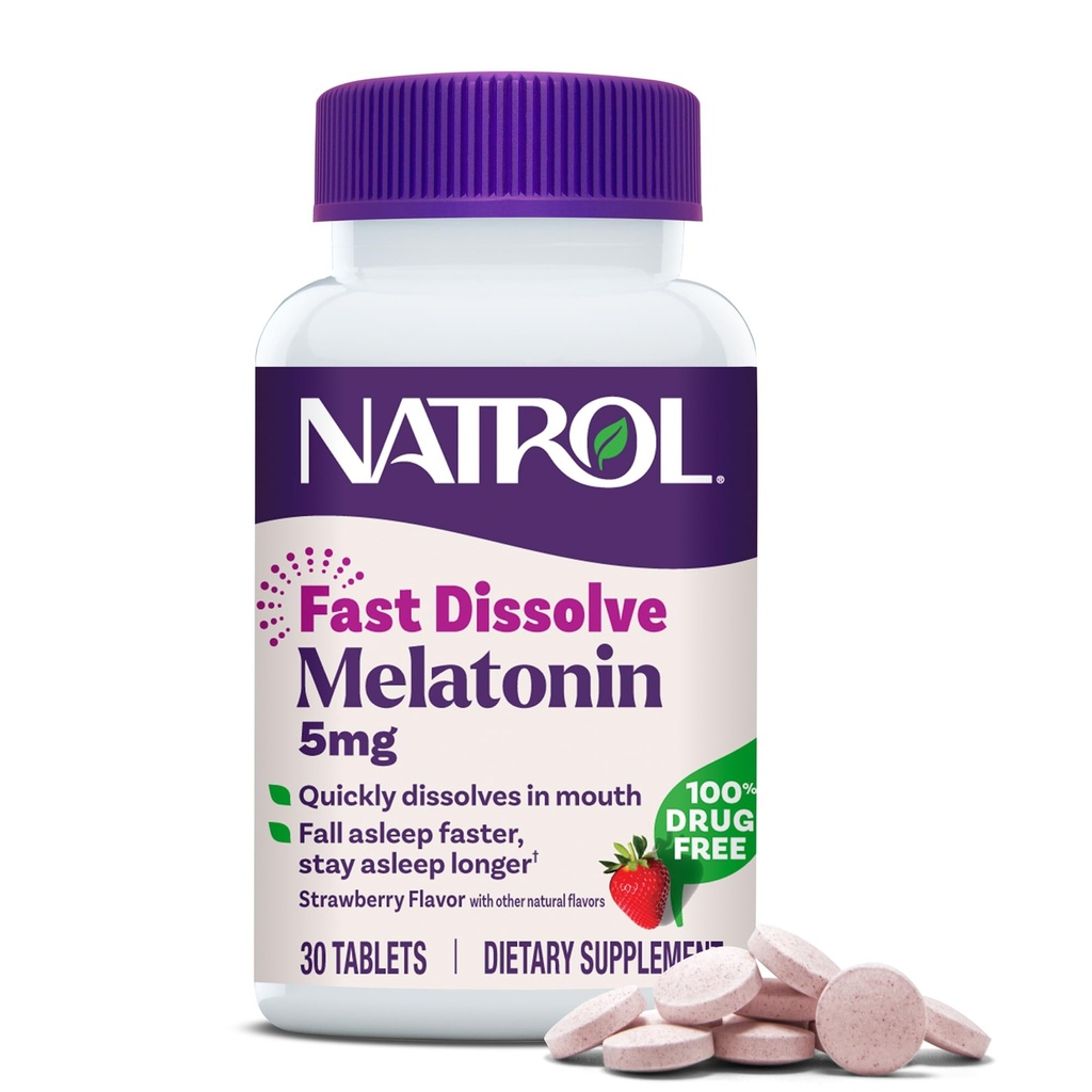 Natrol Snabbupplös Melatonin 5 mg, Melatonin Supplements for Restful Sleep, Sleep Support for Adults, 30 Strawberry-Flavored Tablets, Upp till 30 dagars leverans