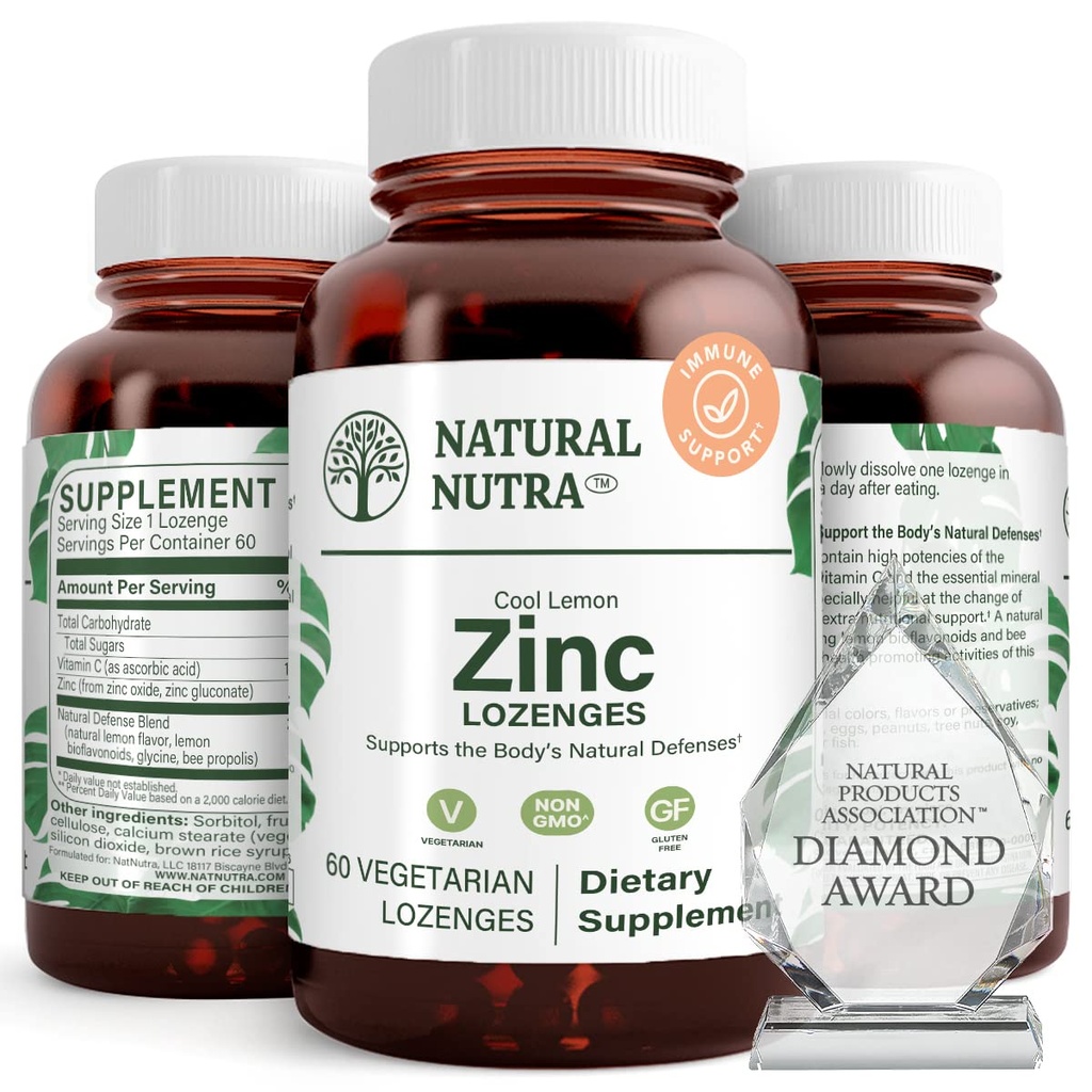 Naturliga Nutra Zink Lozenges med C-vitamin, citron smak, stöd immun, nervsystem och benstyrka, befäst med bioflavonoider och bipropolis, sublingual Zinc Gluconate, 60 Vegetarian
