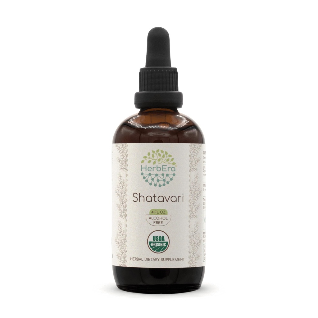 HerbEra Shatavari B120 USDA Organic Tincture | Alkoholfri Extract, High-Potency Herbal Drops | Certified Organic Shatavari (Asparagus racemosus) Dried Root (4 oz)