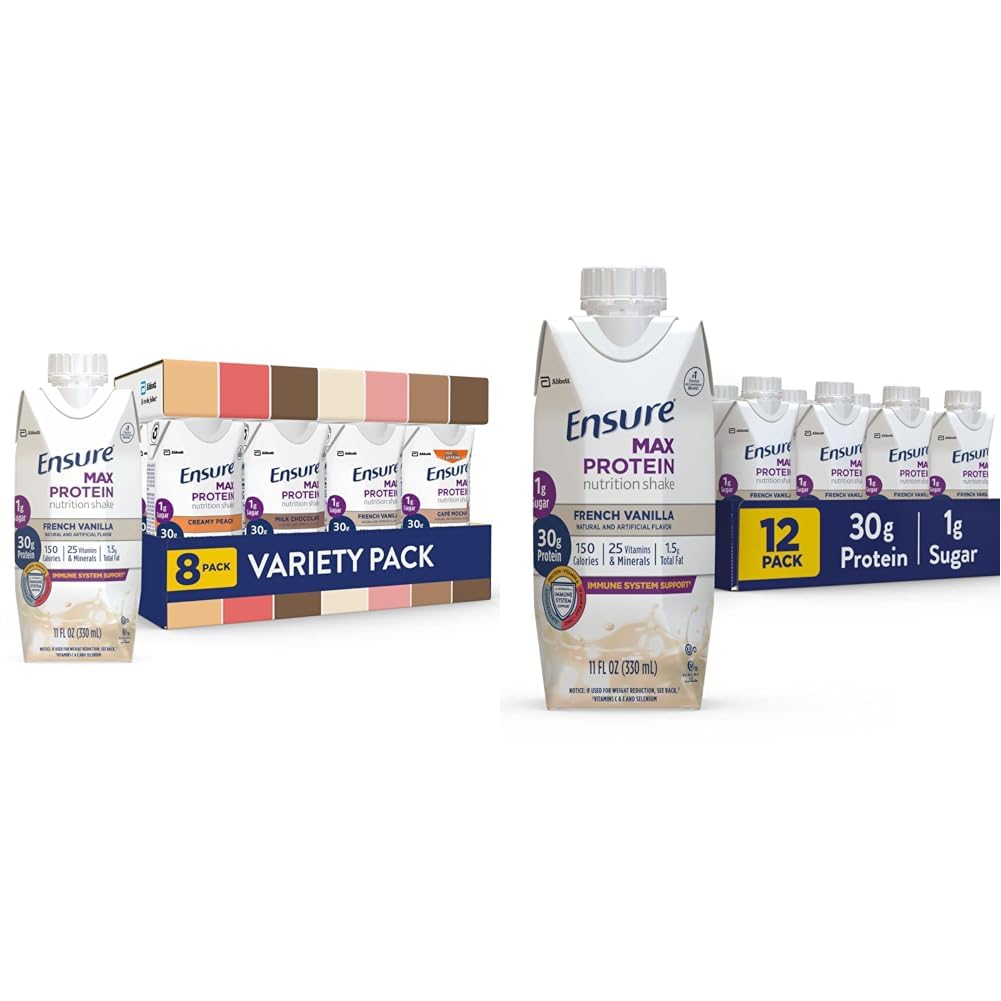 Säkerställ Max Protein Nutrition Shakes, Variety Pack, med 30g Protein & Max Protein Nutrition Shake med 30g Protein, 1g socker, High Protein Shake, French Vanilla, Liquid, 11 fl oz (Pack av 12)