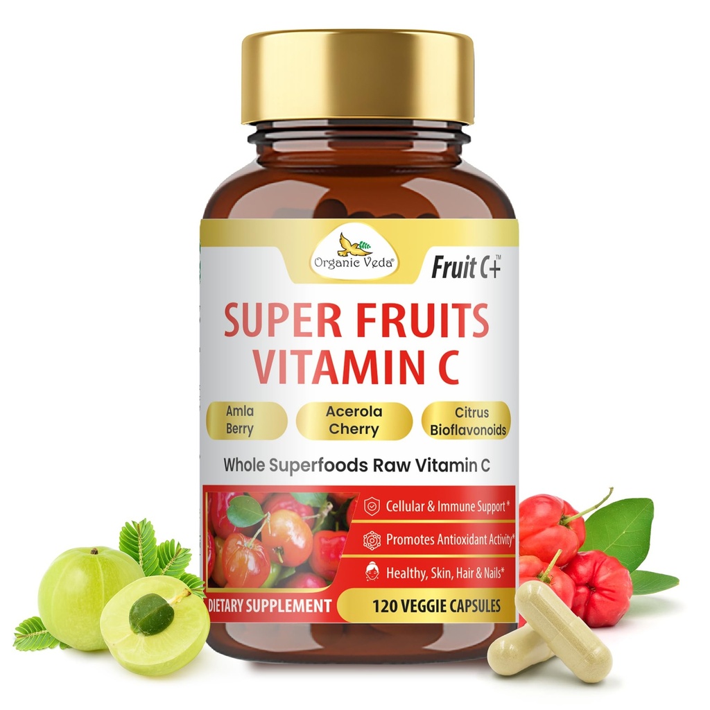 Organic Veda Superfruits Vitamin C Capsule med Acerola Cherry & Amla Berry - Hel mat naturlig vitamin C tillskott med Citrus Bioflavonoids för immunitet, cellulär och hudhälsa - 120 Vegan piller