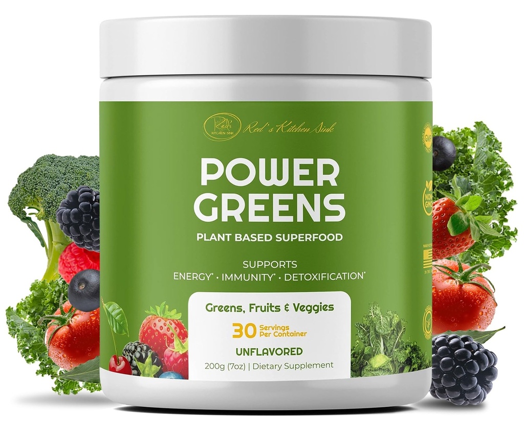 Red's Kitchen Sink Power Greens Powder - Daily Greens Superfood Powder - Fruity, Veggie och Green Leafy Smoothie Drink Mix - Superfoods Maca Root, Spirulina, Chlorella och mer (200 Grams)