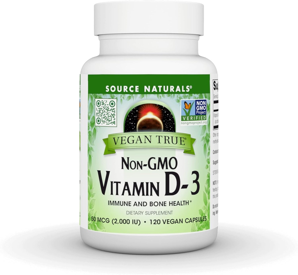 Källa Naturals Vegan True, Non-GMO Vitamin D-3, Kosttillskott för immun och benhälsa *, 2000 IE - 90 kapslar