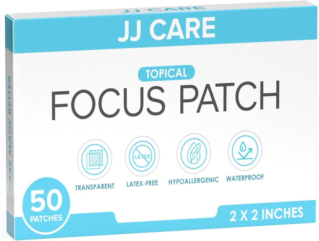 JJ CARE Focus Patch - Pack med 50 All-Natural Focus Plus Patches för vuxna, stödkoncentration, fokus och minne | 50 dagars leverans av hjärnpatch