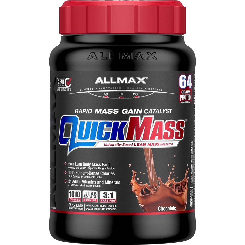 ALLMAX QUICKMASS, Chocolate - 3,5 lb - Rapid Mass Gain Catalyst - Upp till 64 Grams of Protein Per Serving - 3:1 Carb to Protein Ratio - Zero Trans Fat - Upp till 24 portioner