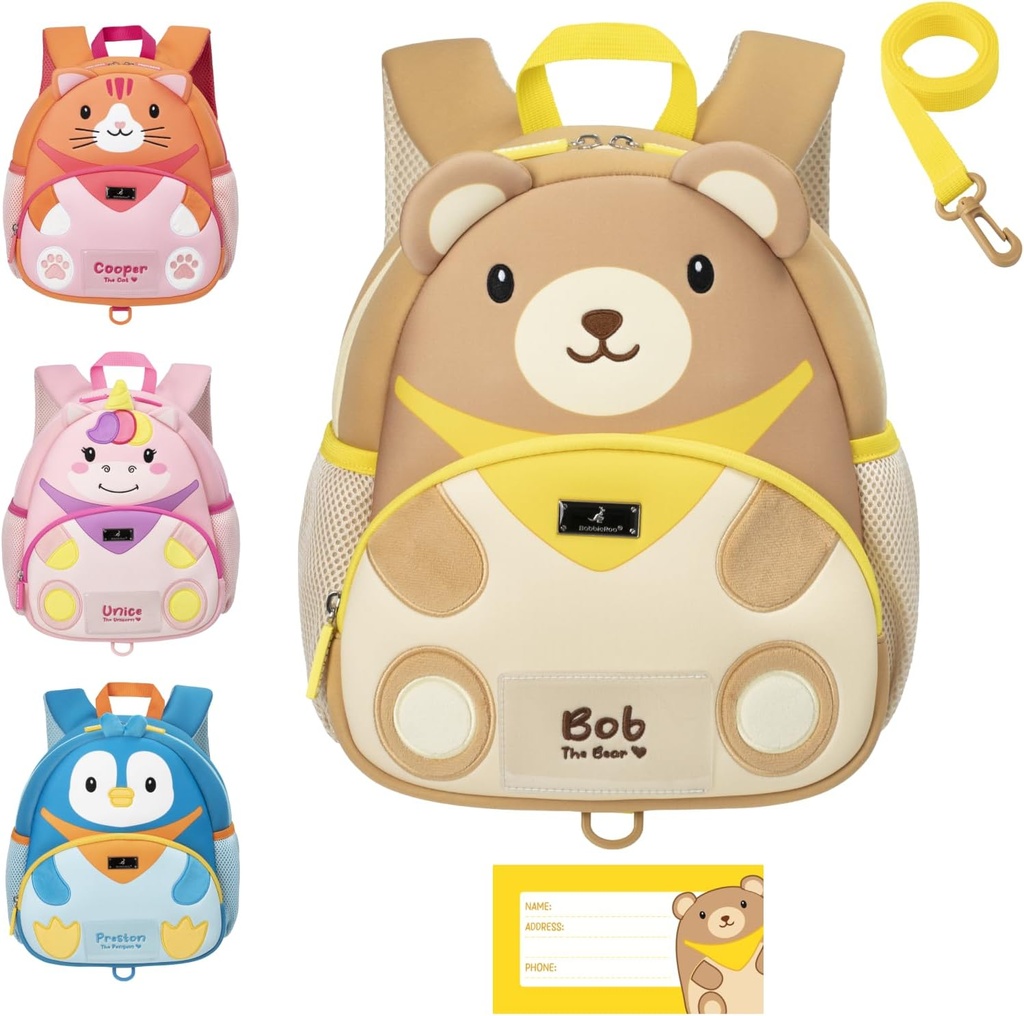 BabbleRoo Toddler Backpack, Kids Backpack - Light & Comfortable, Water Resistant Neoprene, Leash för småbarn 1-3, reflekterande remsor för synlighet, Animal Backpack, Bob Björnen