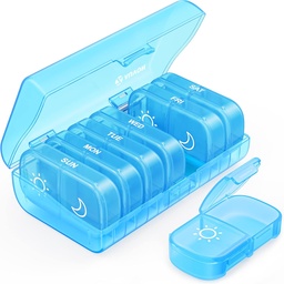 AUVON XL Weekly Pill Organizer 2 gånger om dagen, Pill Box 7 Day med One-Side Stora öppningar för lätt att använda, blå AM PM Pill Case för medicinering, vitaminer, fiskoljor, tillskott