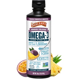 Barleans Omega 3 Fish Oil Liquid Supplement för män och kvinnor, Passion Pineapple, 1500mg EPA och DHA Fatty Acid, 16 oz