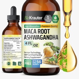 BIO KRAUTER Maca Root och Ashwagandha Tincture - Maca & Ashwagandha Supplements for Men & Women - Adaptogenic Liquid Supplement for Mood Support - Alkohol och Sugar Free Vegan Drops 4 Fl.Oz.